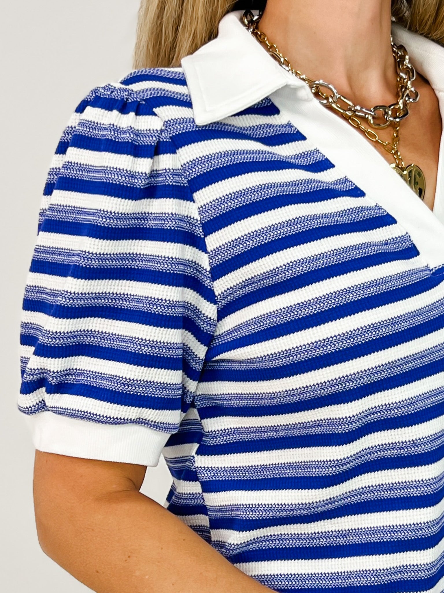 Striped Top with Open Collared Neck and Puff Short Sleeves