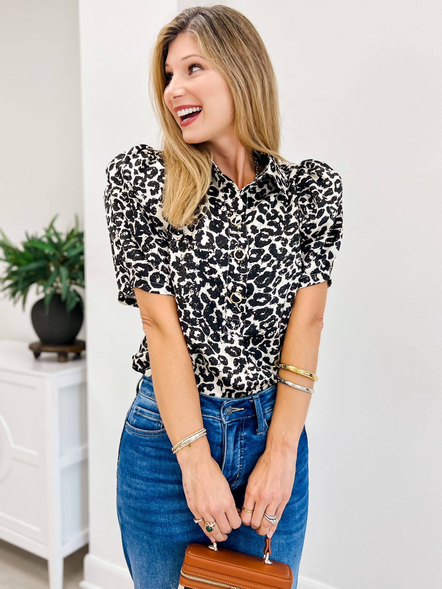Short Sleeve Collard Blouse With Embellished Buttons