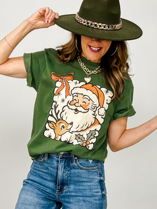 Retro Santa and Reindeer Graphic Tee