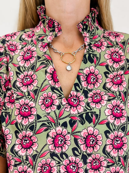 Floral Puff Sleeve Top With a Ruffle Accent Collar
