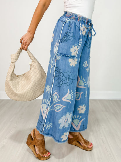 Floral Print Washed Chambray Wide Leg Pants