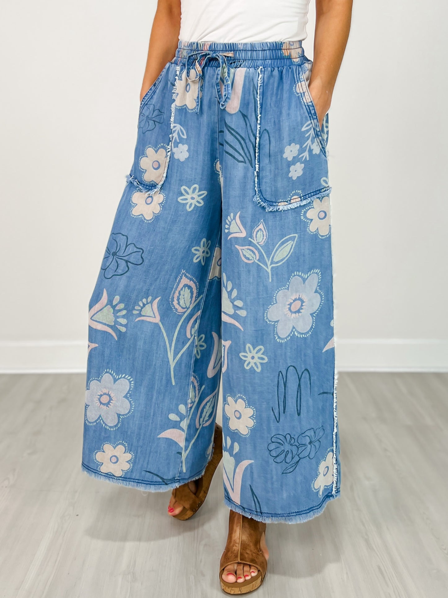 Floral Print Washed Chambray Wide Leg Pants