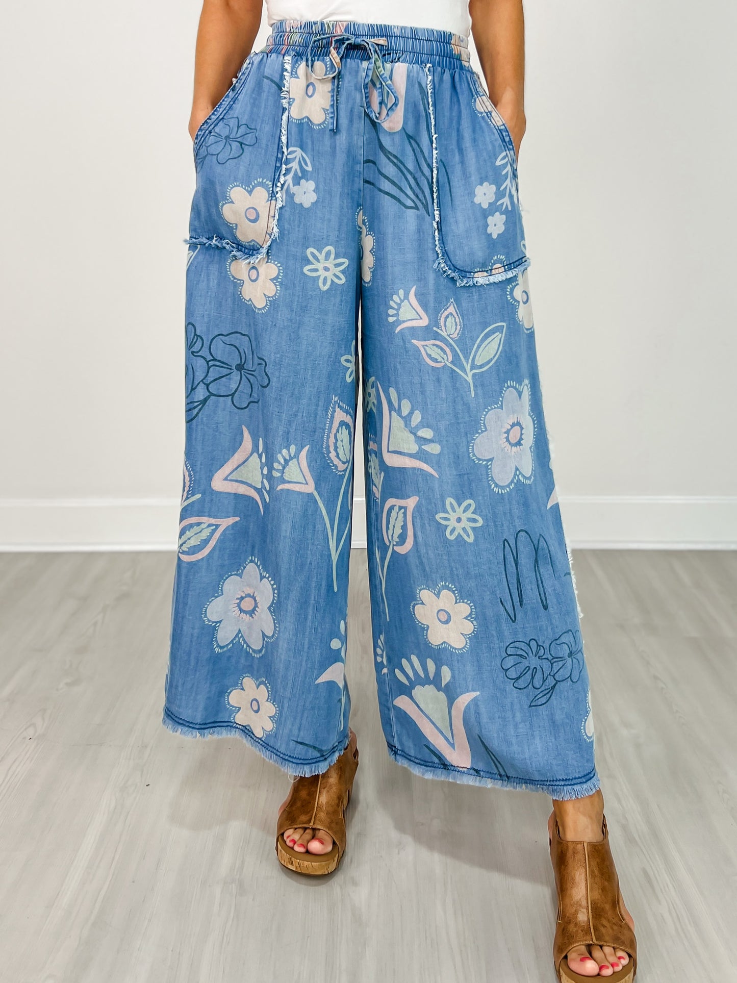 Floral Print Washed Chambray Wide Leg Pants