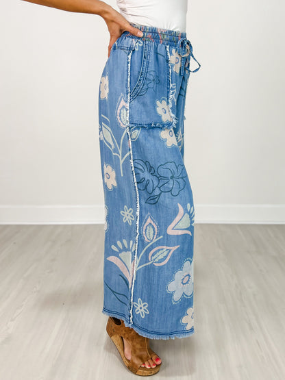 Floral Print Washed Chambray Wide Leg Pants