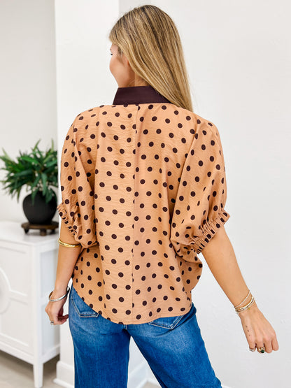 Polka Dot Short Dolman Sleeve Top Featuring A Contrast Collar