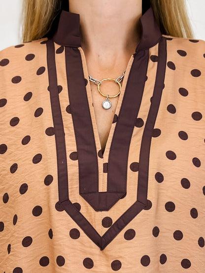 Polka Dot Short Dolman Sleeve Top Featuring A Contrast Collar