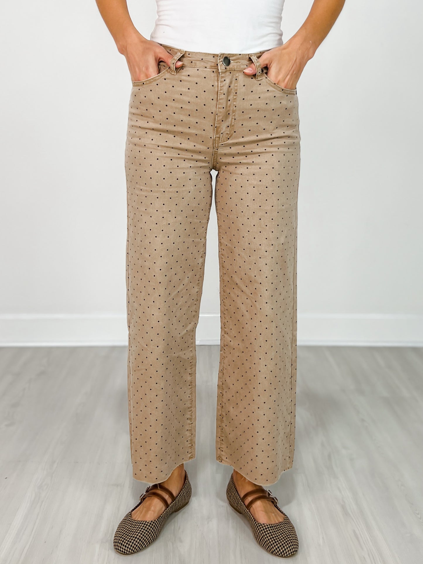Polka Dot Washed Twill Stretch Cropped Pants