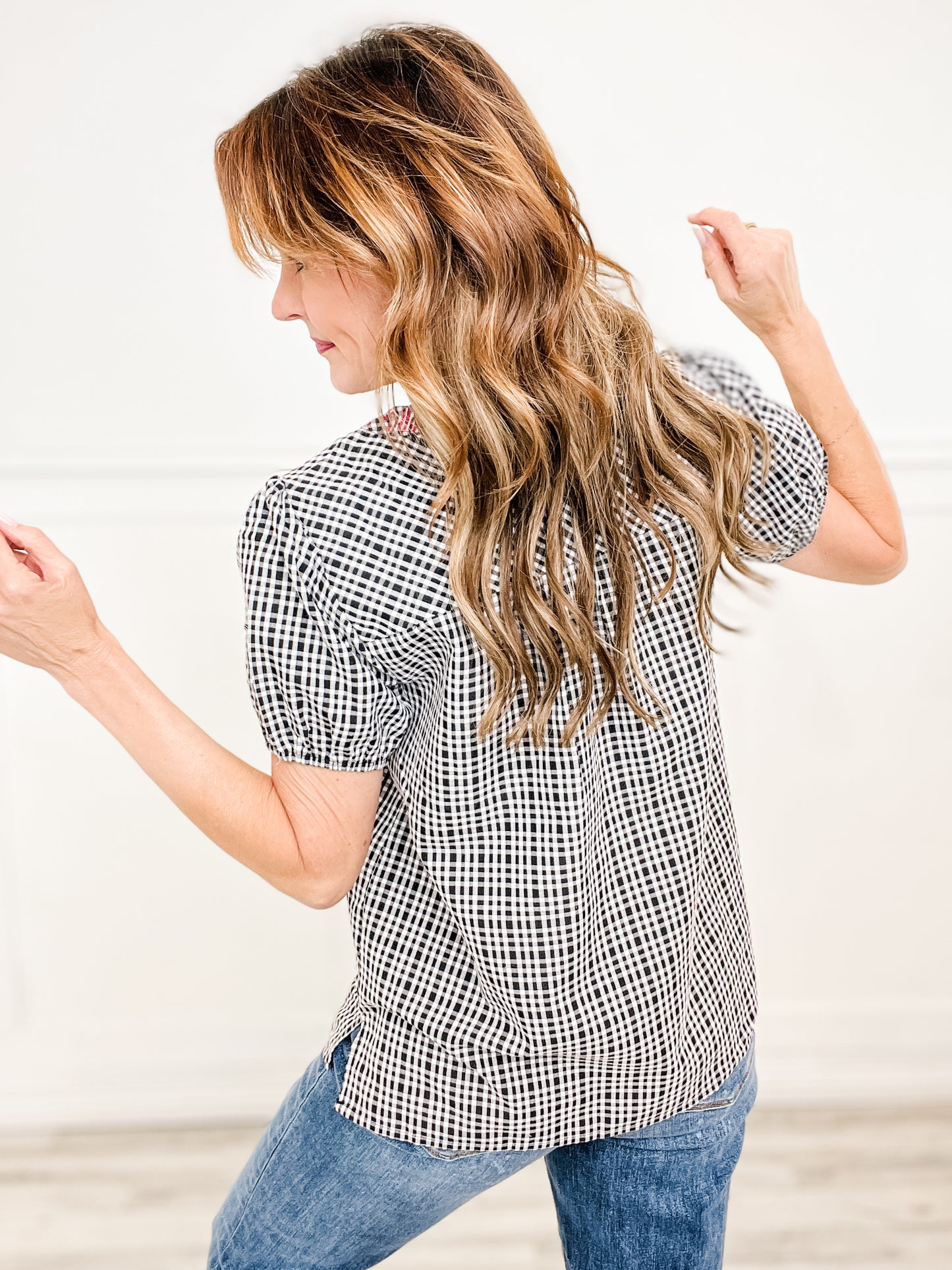 Gingham Pull Sleeve Top with Split Neckline and Embroidery Detail