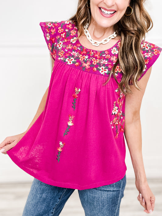 Flutter Sleeve Floral Embroidery Detail Top