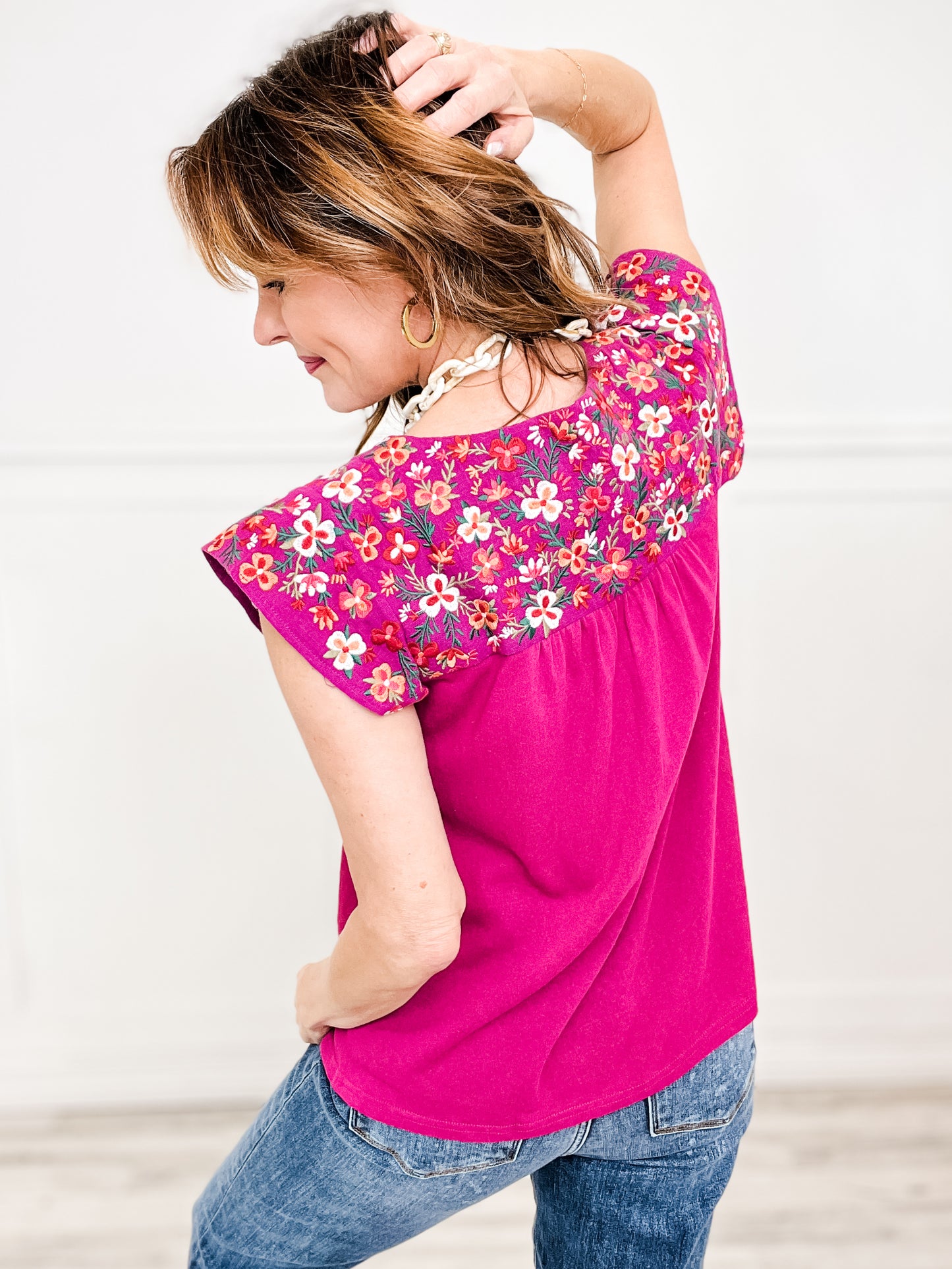 Flutter Sleeve Floral Embroidery Detail Top