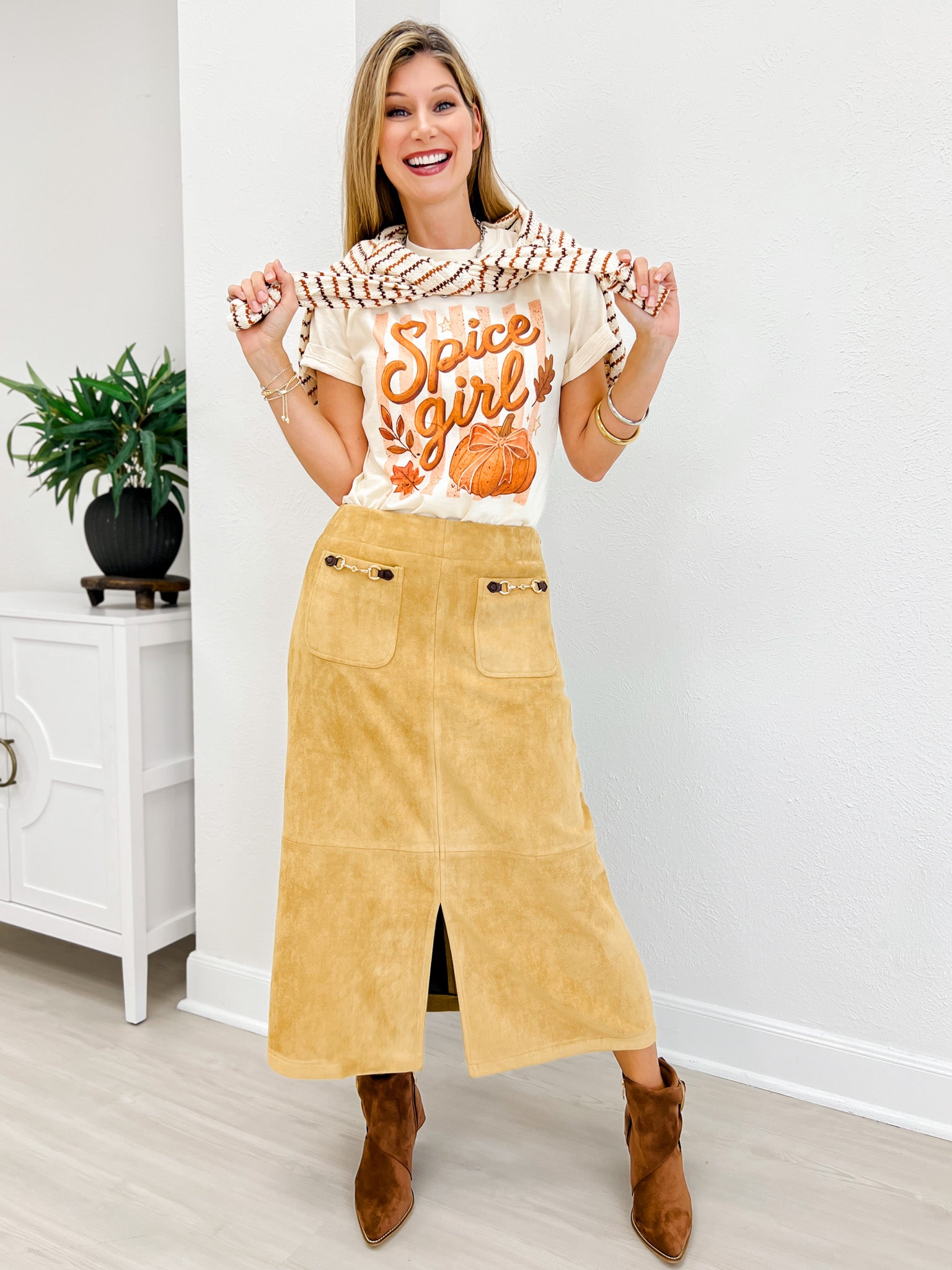 Faux Suede Solid Midi Skirt With Front Slit