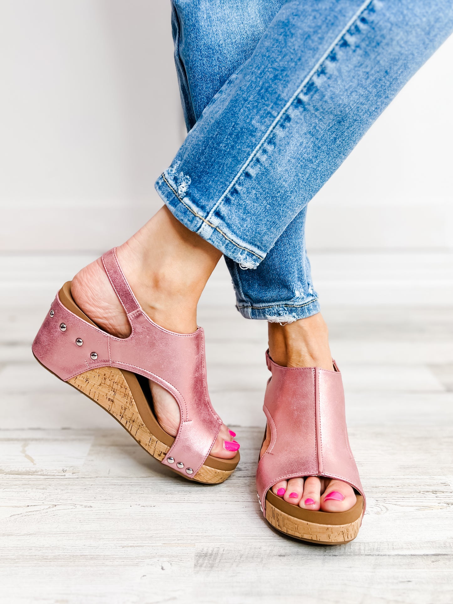 Corkys Carley Light Pink Metallic Wedge Shoes