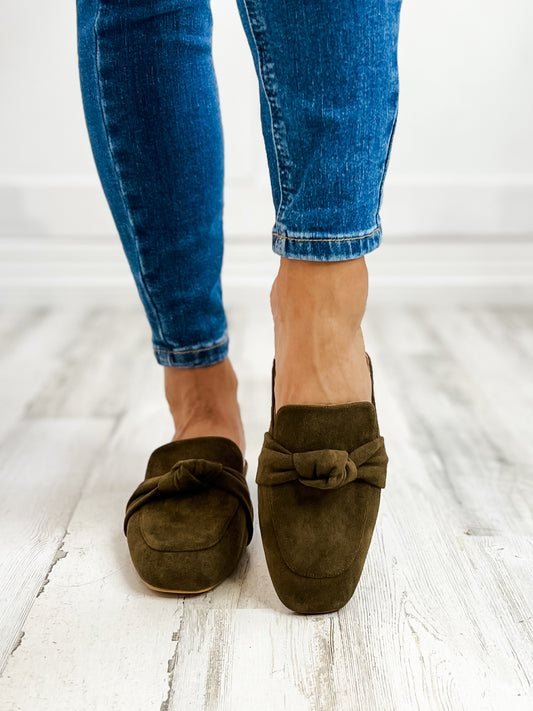 Corkys Clingy Mules in Khaki Faux Suede