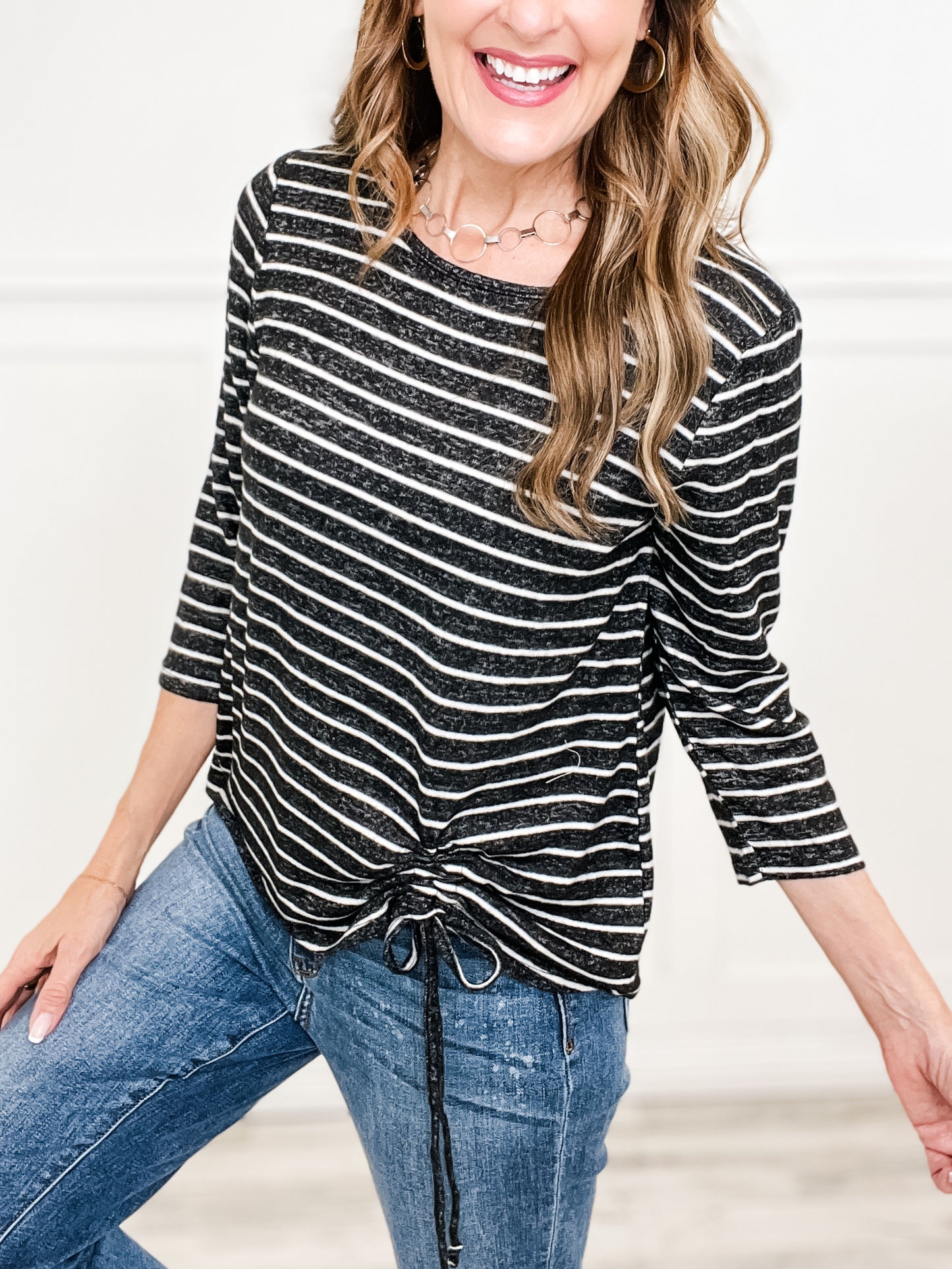 Round Neck Striped 3/4 Sleeve Top