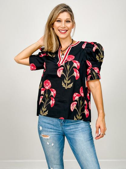 Floral Print Puff Short Sleeve Top with Accent V-Neckline