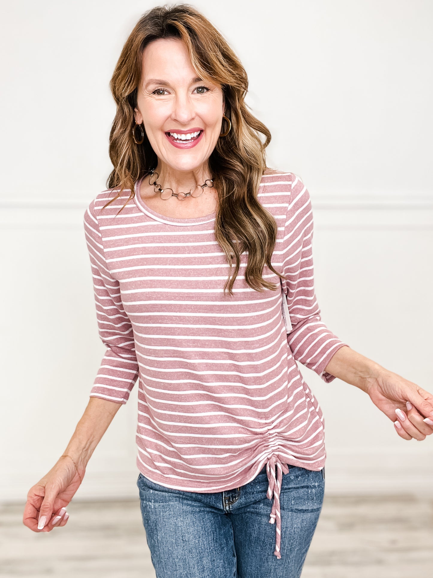 Round Neck Striped 3/4 Sleeve Top