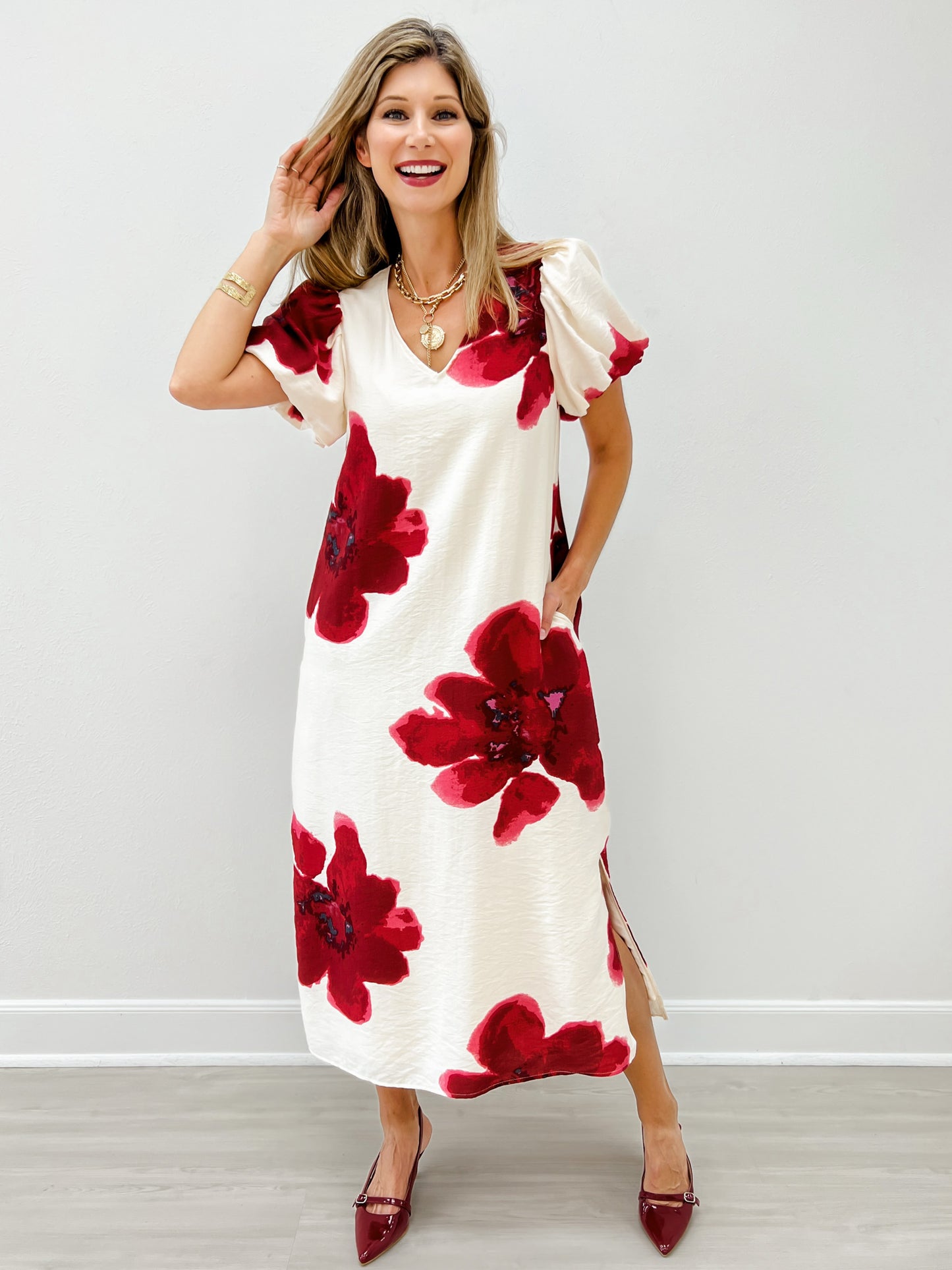 Side Slit Hem Big Floral Midi Dress