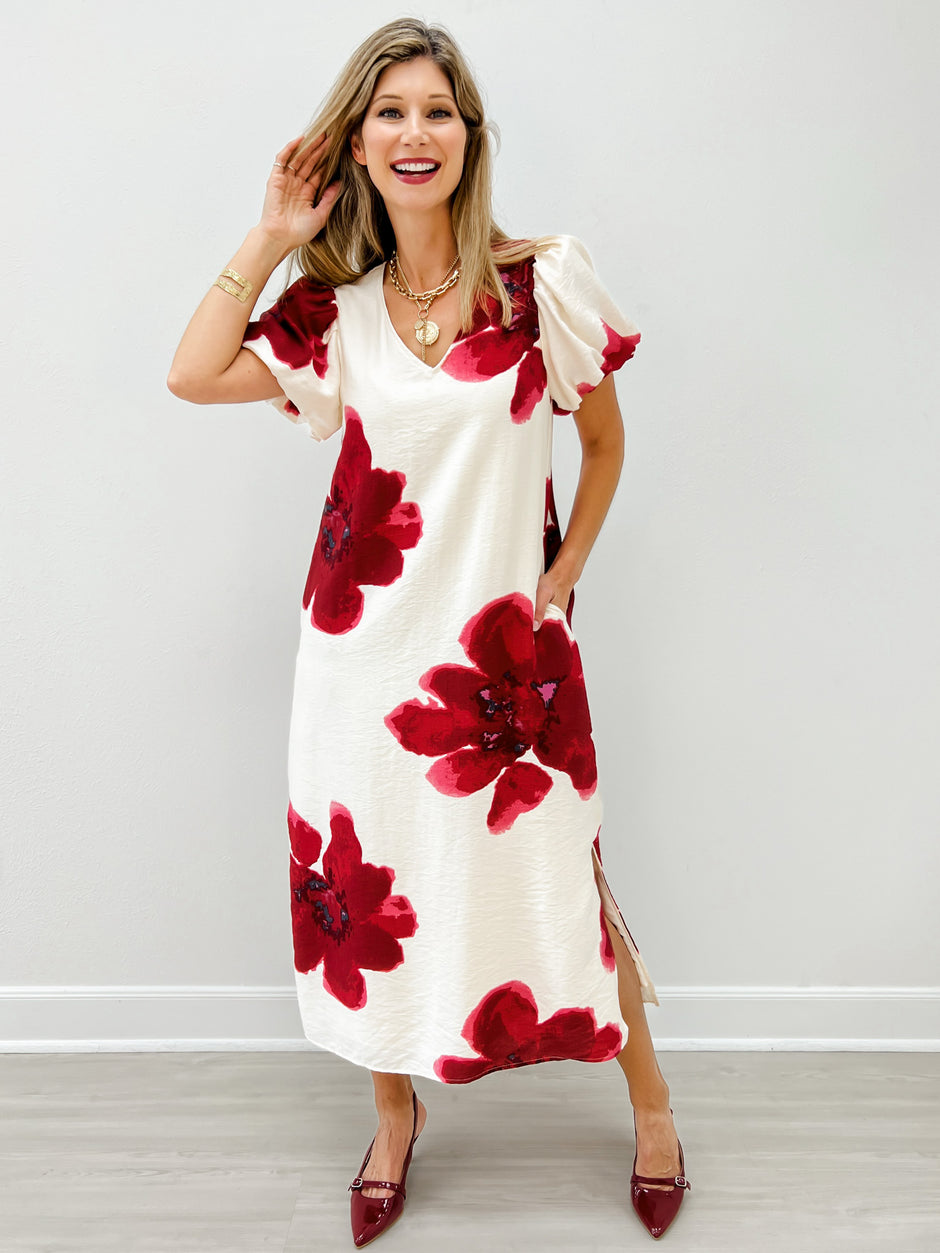 Side Slit Hem Big Floral Midi Dress