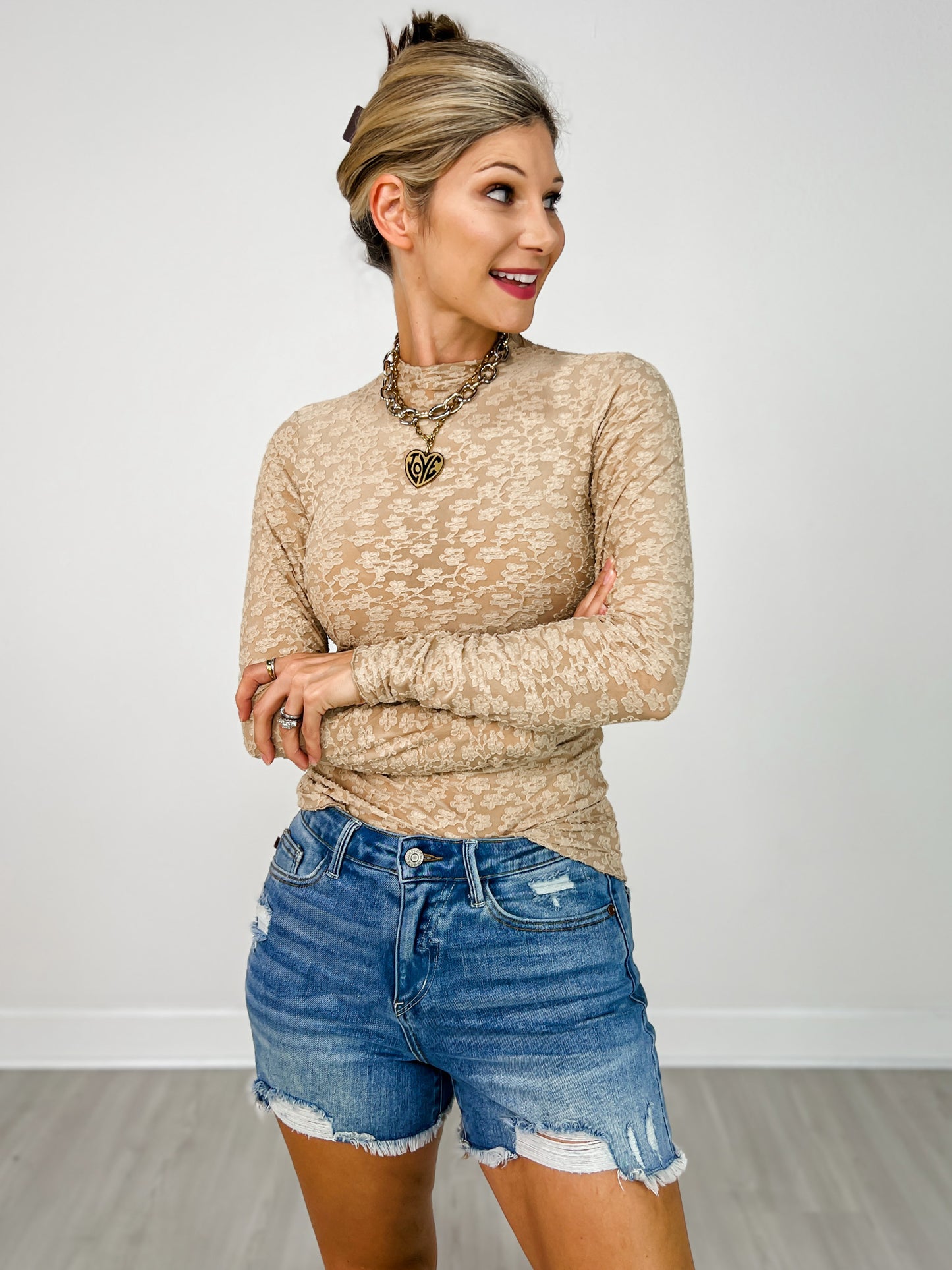 Long Sleeve Burnout Lace Fitted Top