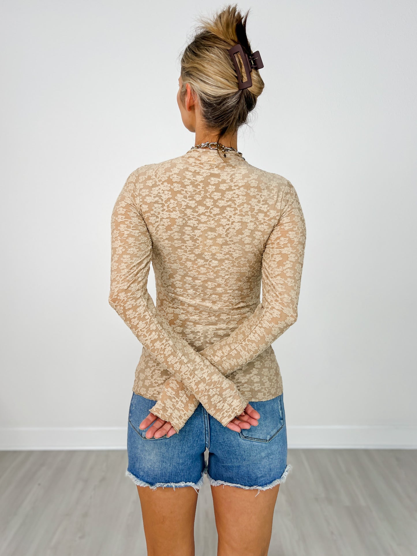 Long Sleeve Burnout Lace Fitted Top