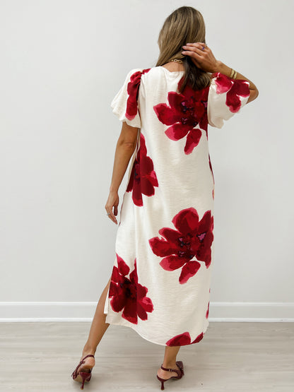 Side Slit Hem Big Floral Midi Dress