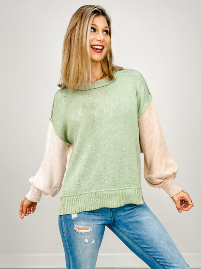 Sequins Yarn Color Block Sweater With Outseam