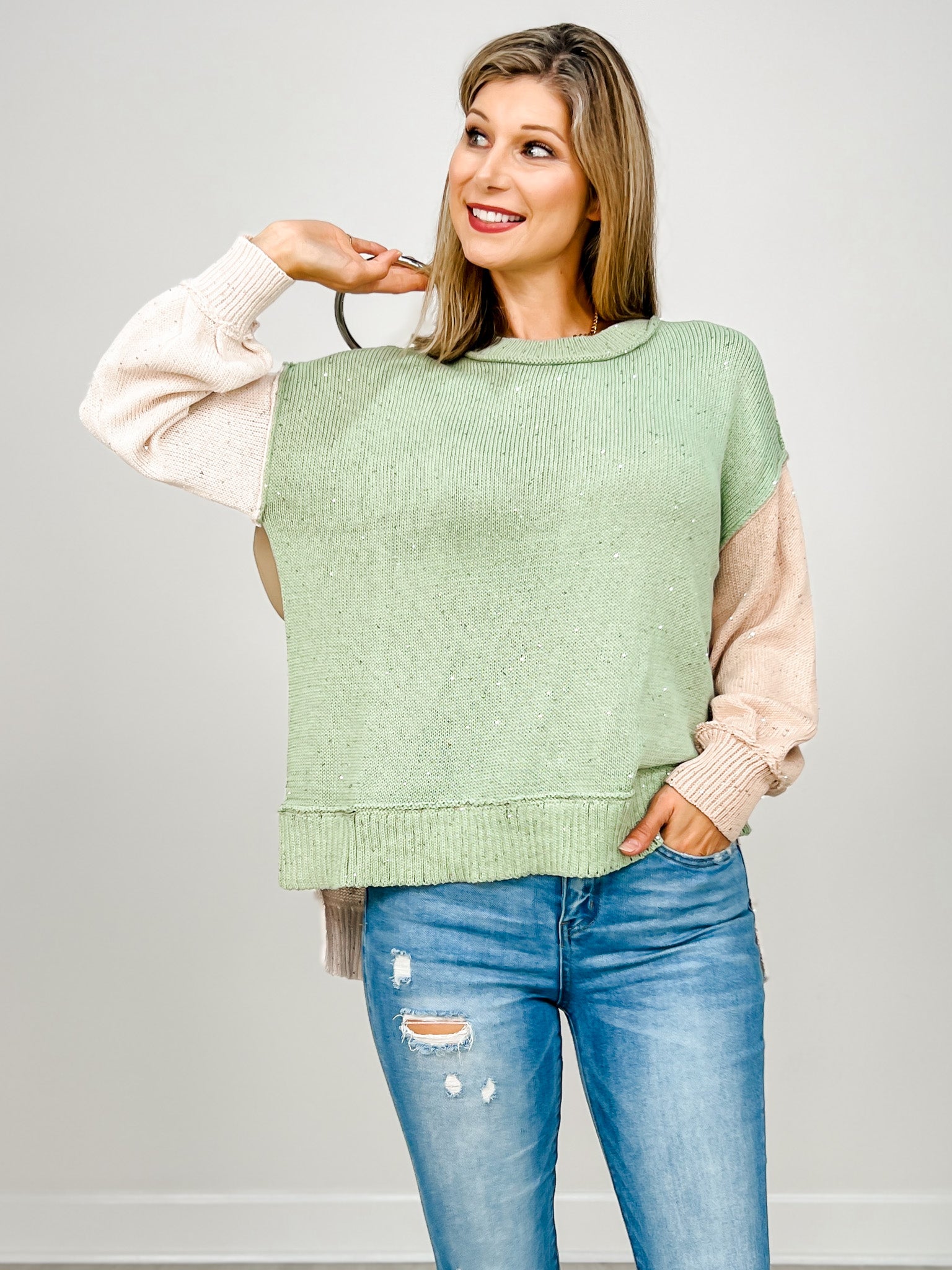 Sequins Yarn Color Block Sweater With Outseam