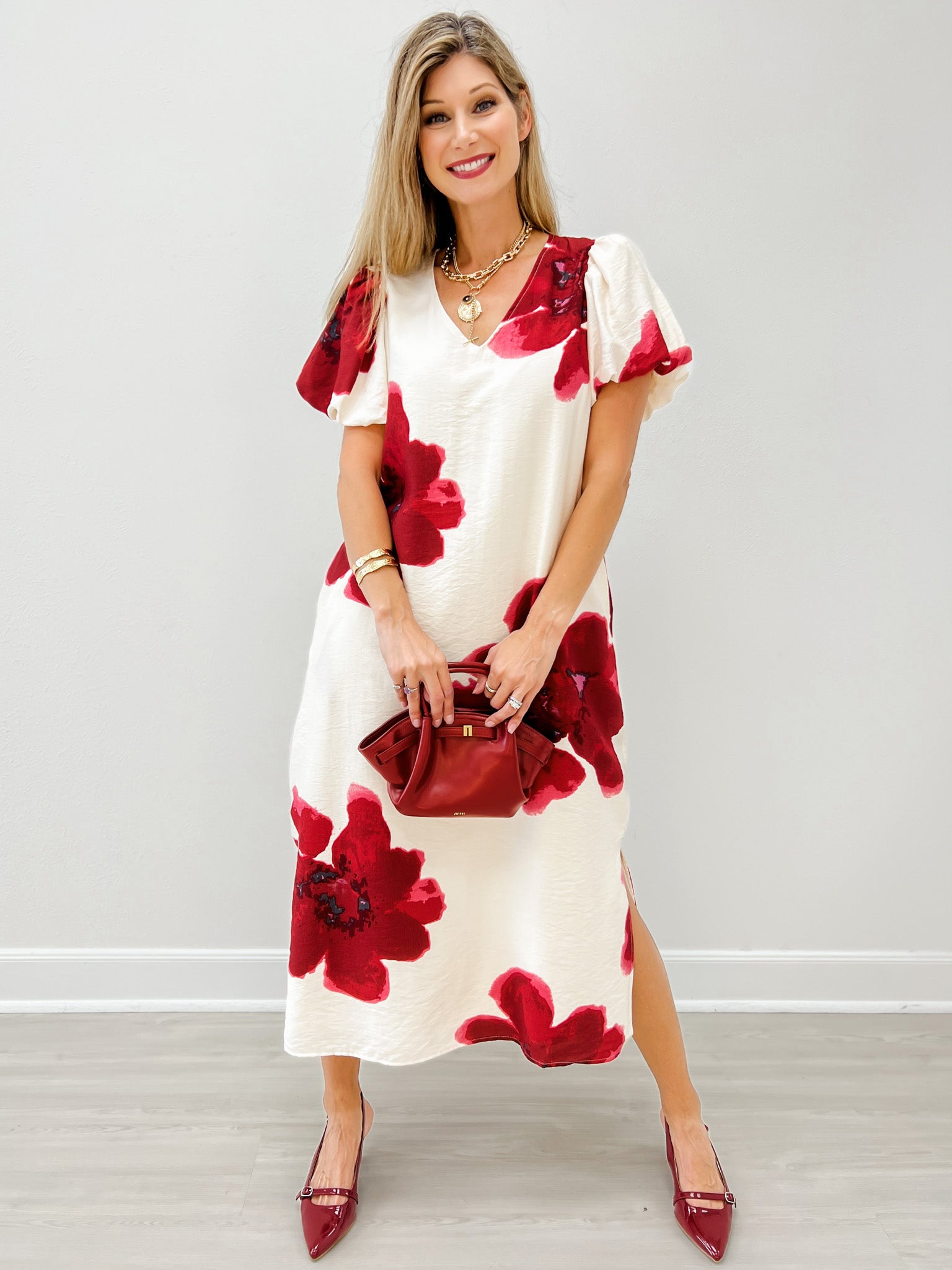 Side Slit Hem Big Floral Midi Dress