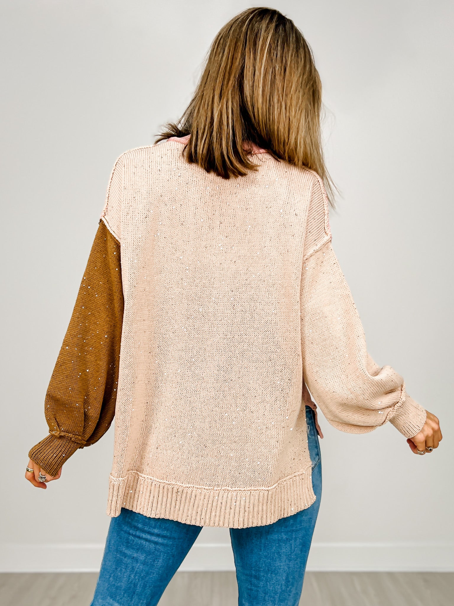 Sequins Yarn Color Block Sweater With Outseam