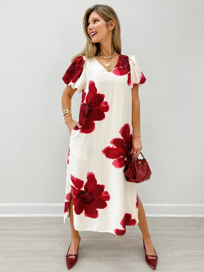 Side Slit Hem Big Floral Midi Dress