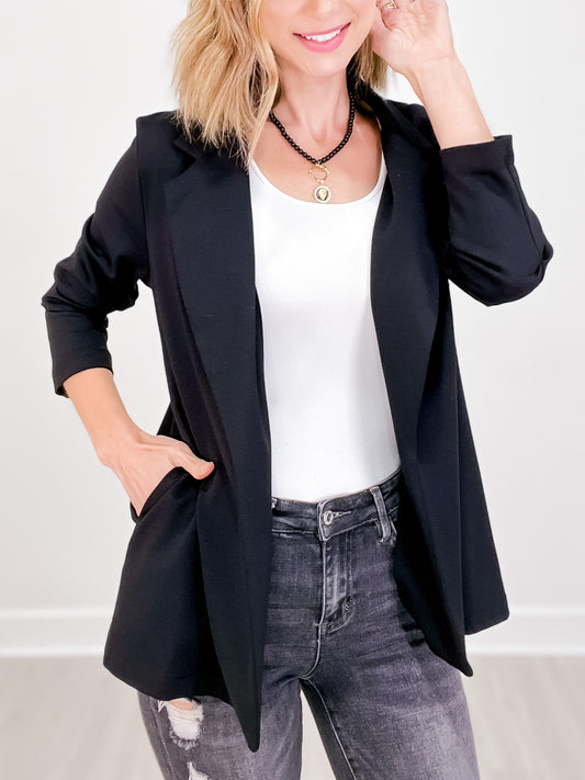 Magic 3/4 Length Ruching Sleeve Blazer in BLACK