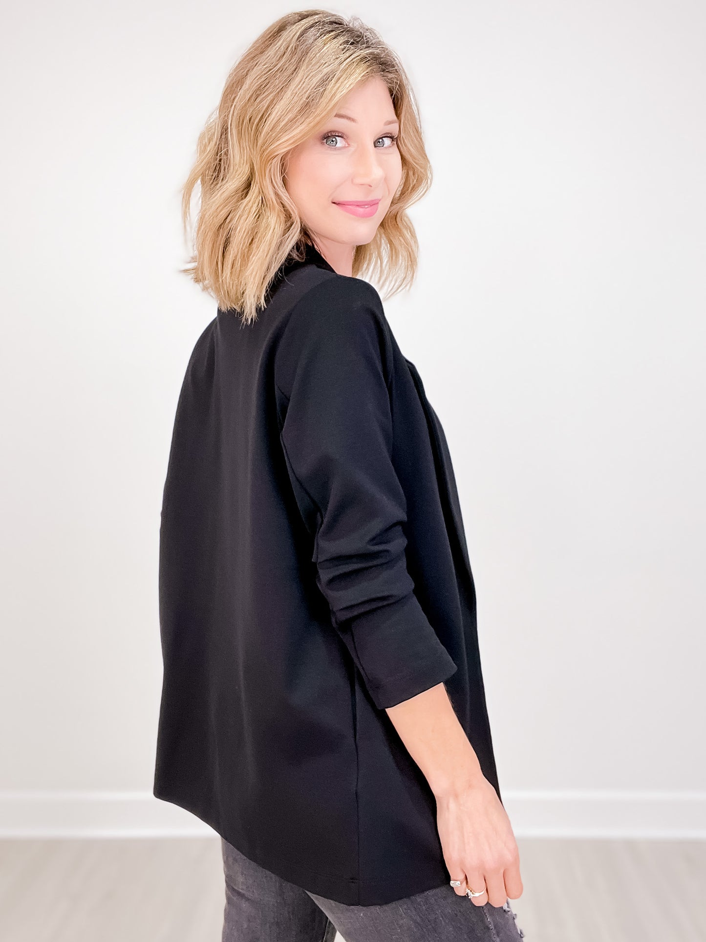 Magic 3/4 Length Ruching Sleeve Blazer in BLACK