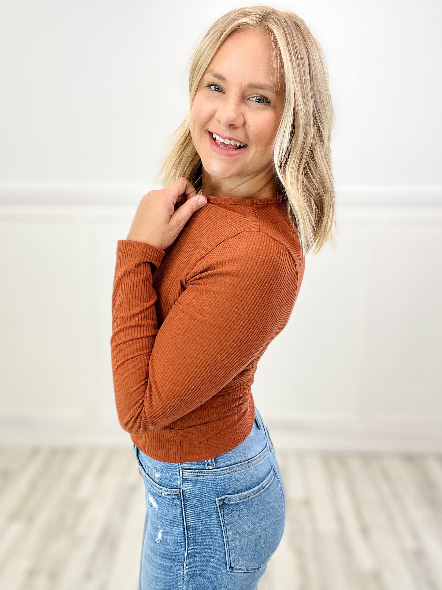 Ribbed Knit Long Sleeve Top with Surplice Front