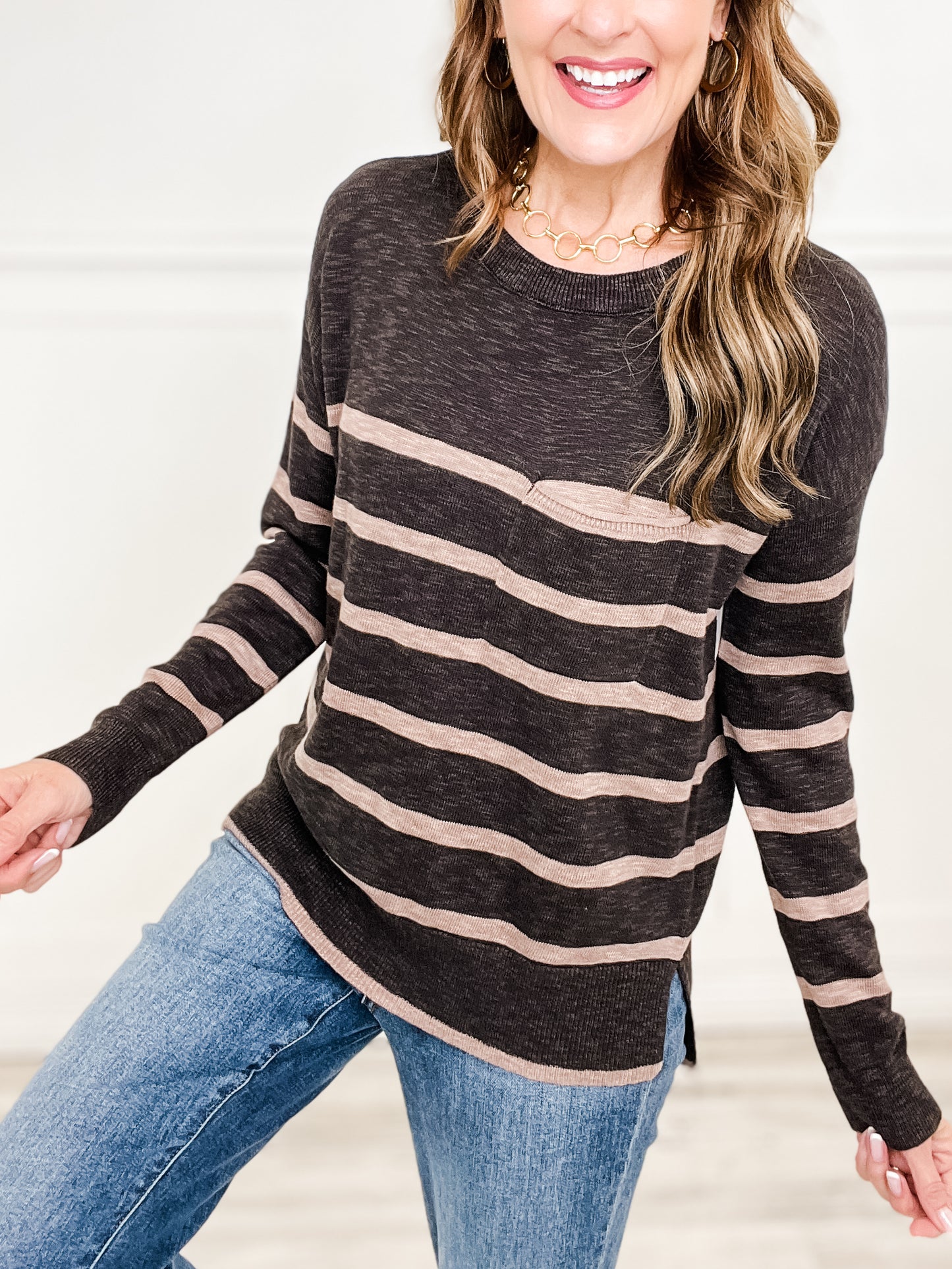 Striped Long Sleeve Slub Yarn Round Neck Sweater