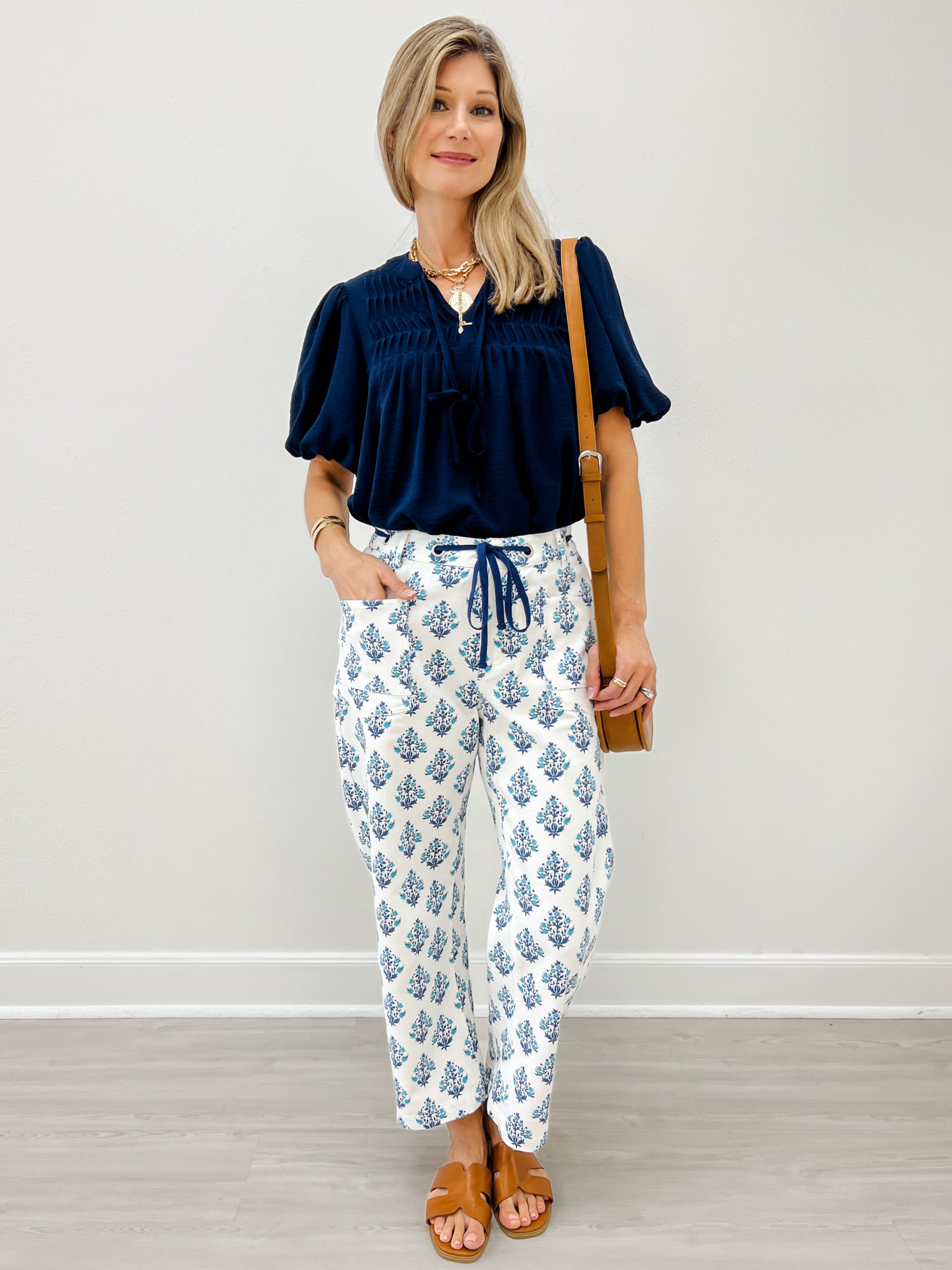 Drawstring Waist Baroque Floral Barrel Pants