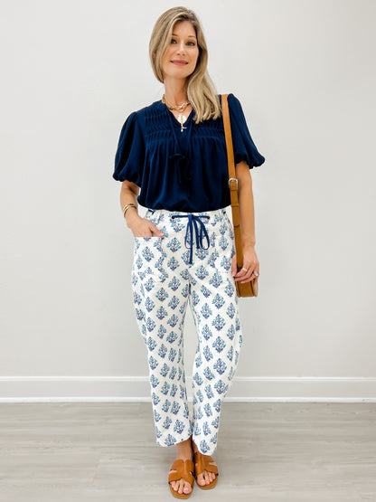 Drawstring Waist Baroque Floral Barrel Pants