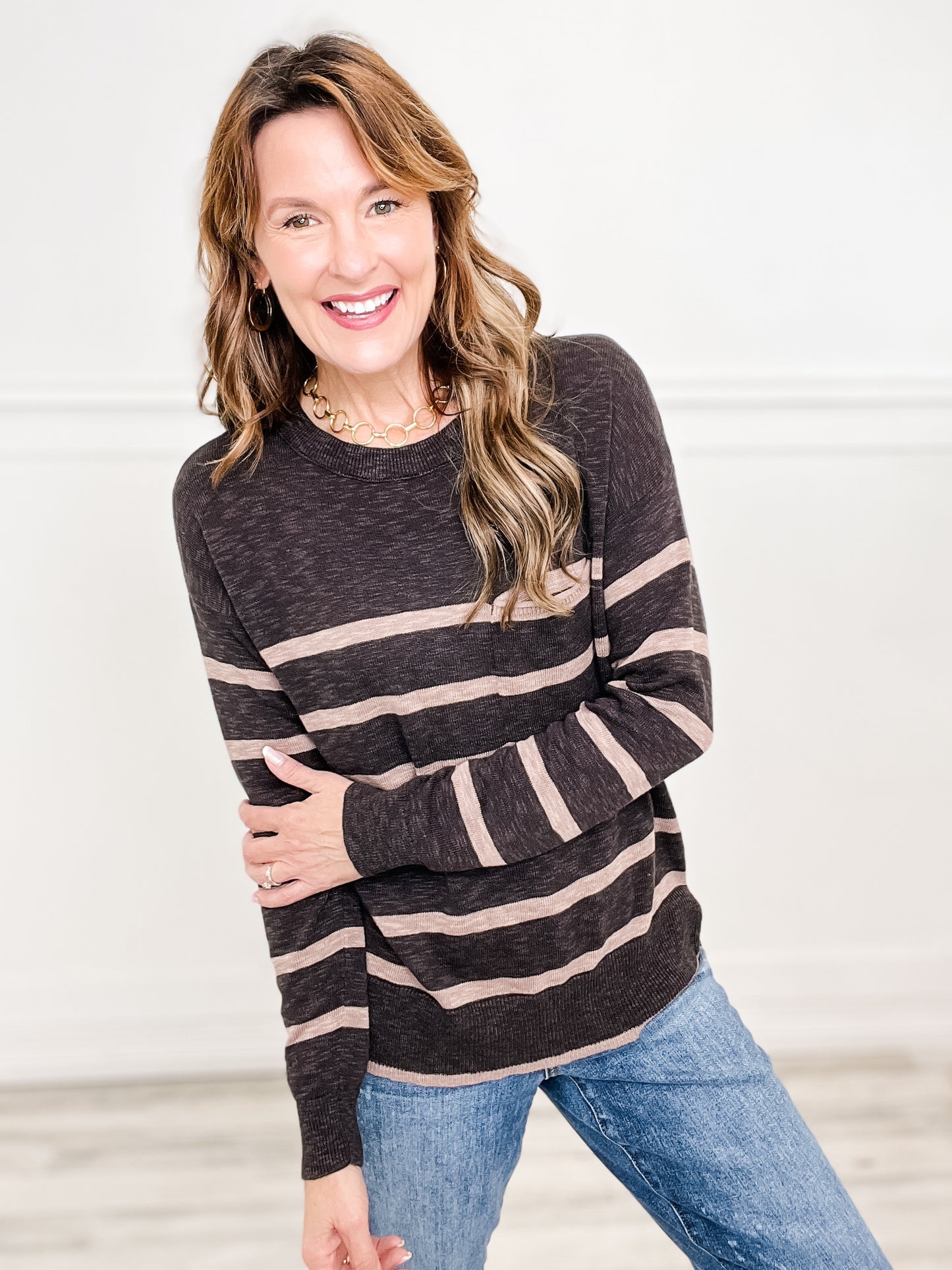 Striped Long Sleeve Slub Yarn Round Neck Sweater