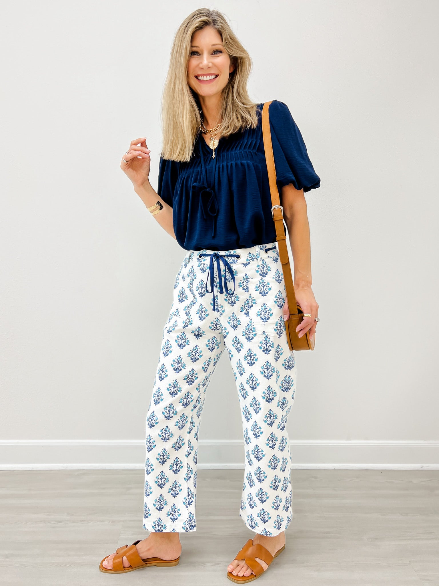 Drawstring Waist Baroque Floral Barrel Pants