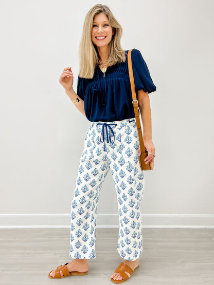 Drawstring Waist Baroque Floral Barrel Pants