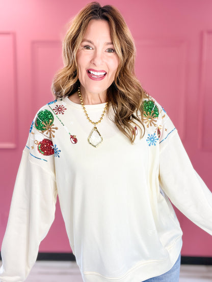 Holiday Sequin Christmas Balls Embroidered Sweatshirt