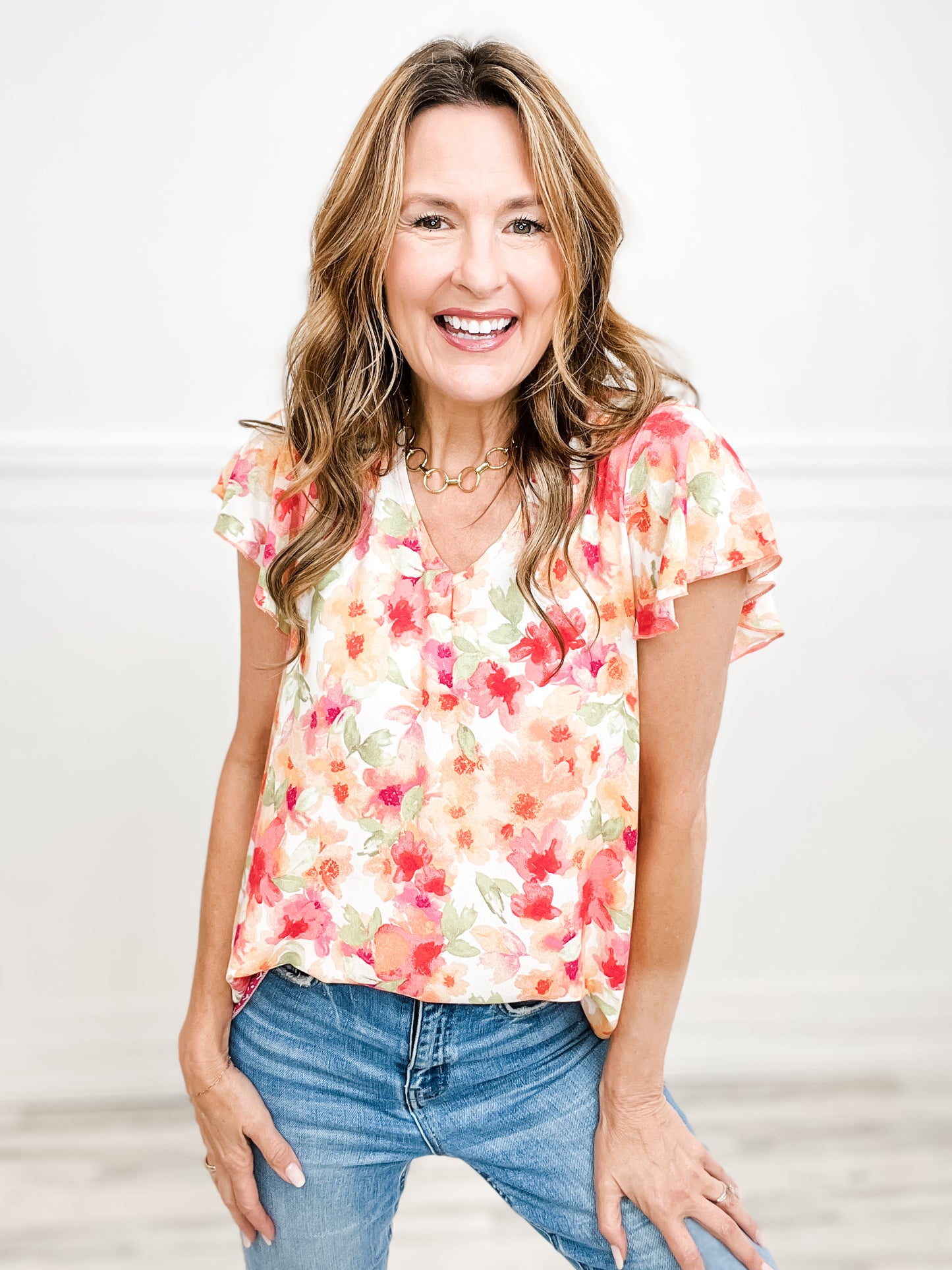 Floral Border Print Woven Top with Lining