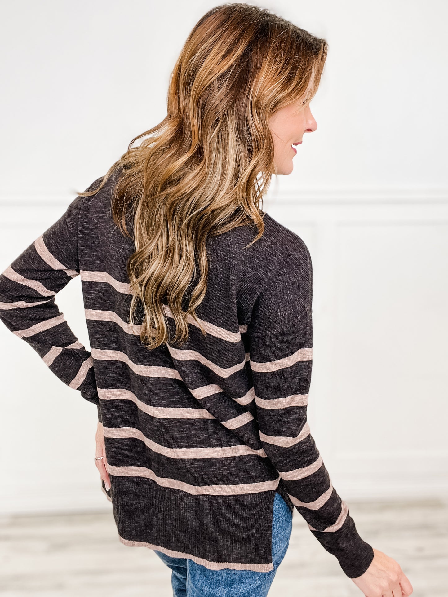 Striped Long Sleeve Slub Yarn Round Neck Sweater