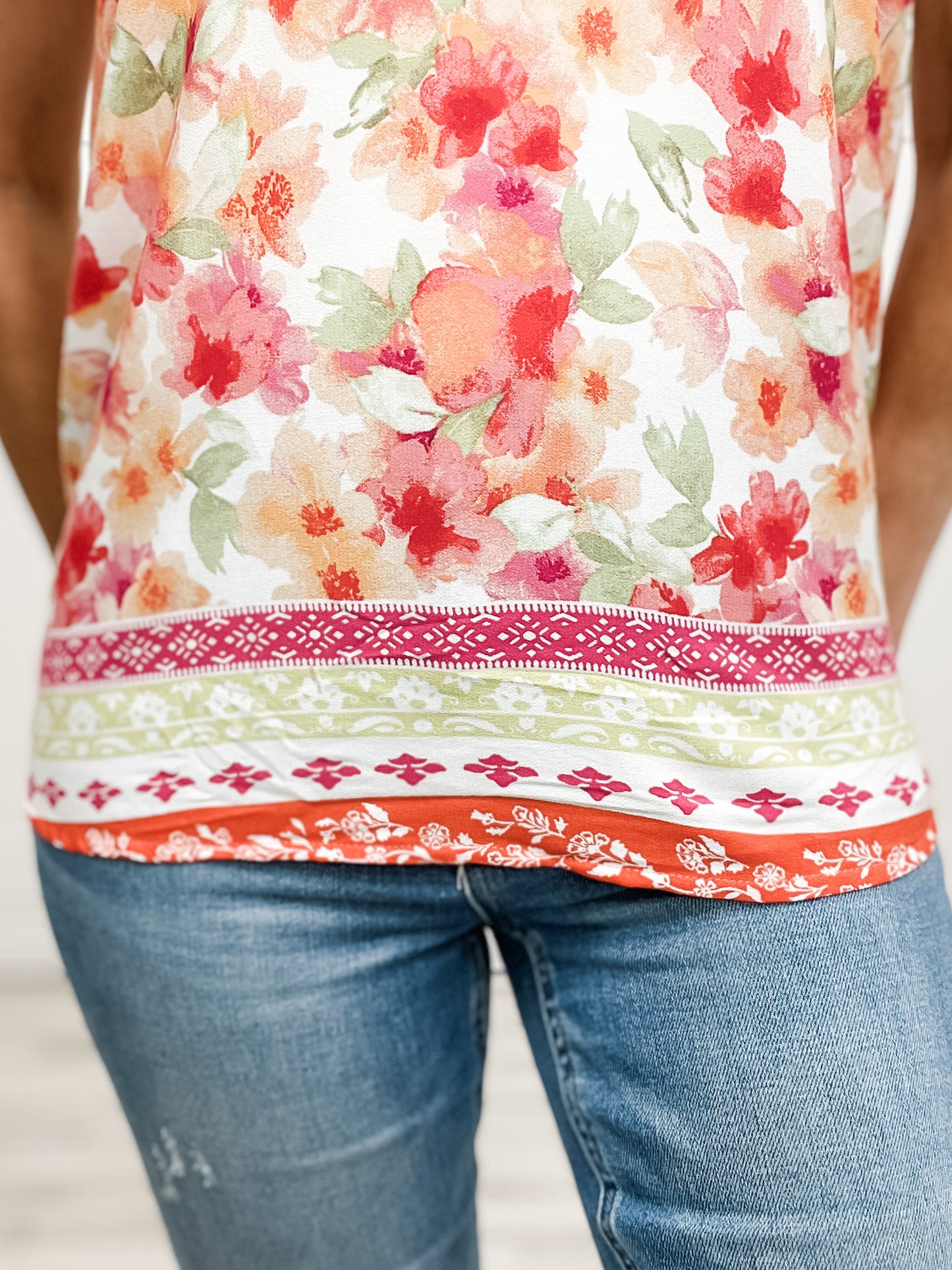 Floral Border Print Woven Top with Lining