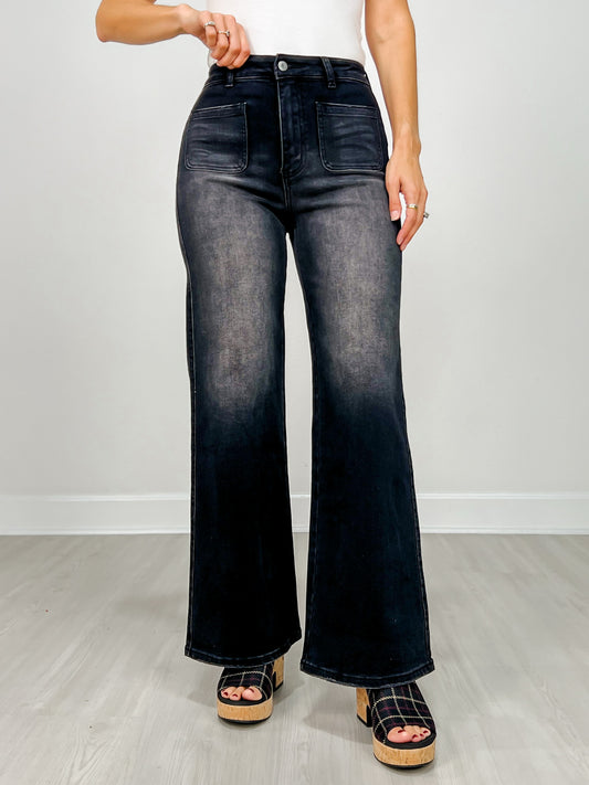 Stretch Front Two Pocket High Rise Flare Jean in Black