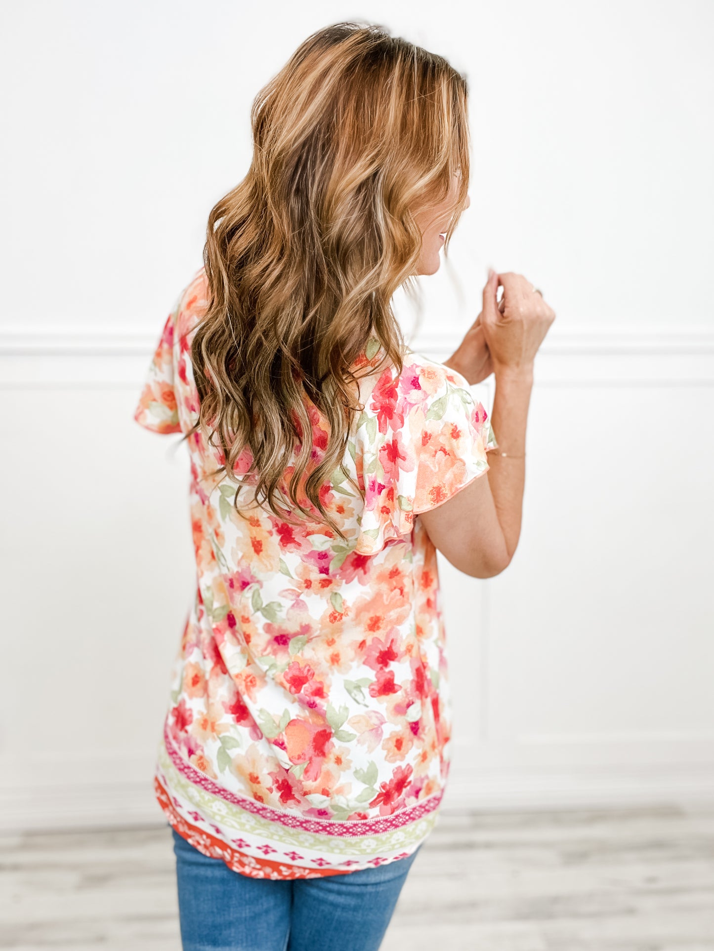 Floral Border Print Woven Top with Lining