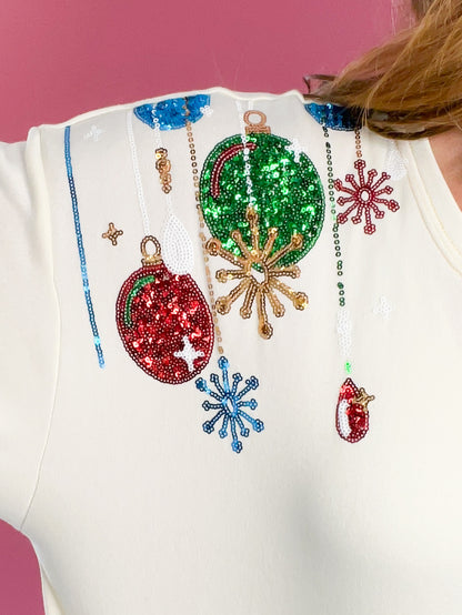 Holiday Sequin Christmas Balls Embroidered Sweatshirt