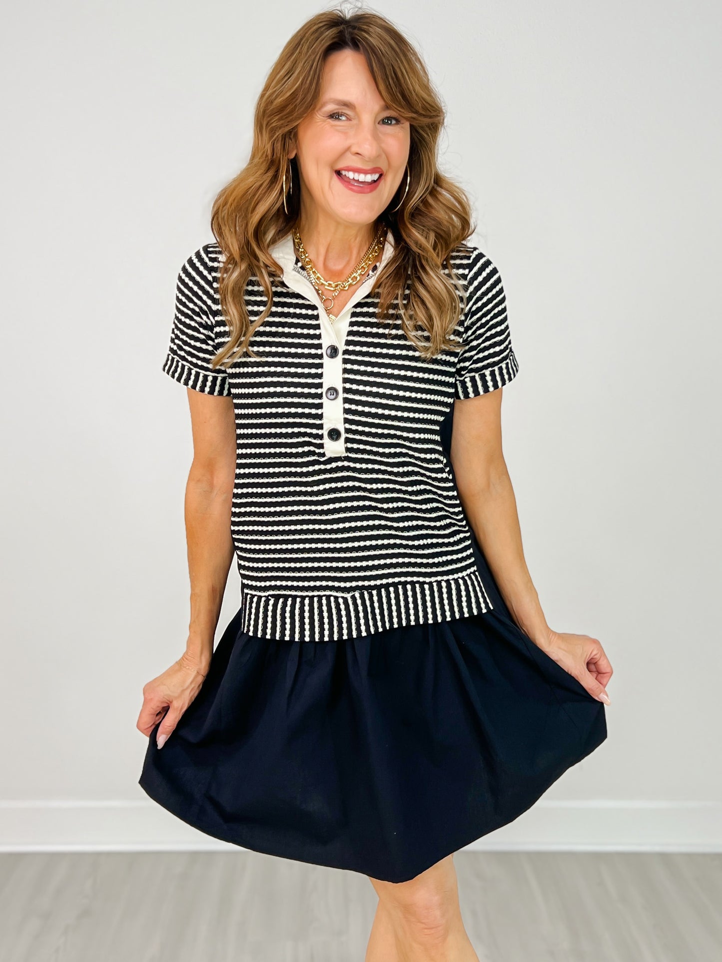 Striped Knit Top with Attached Skirt
