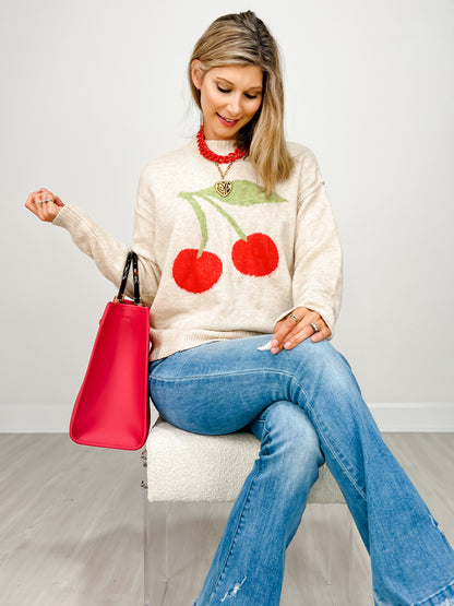 Long Sleeve Cherry Print Knit Top