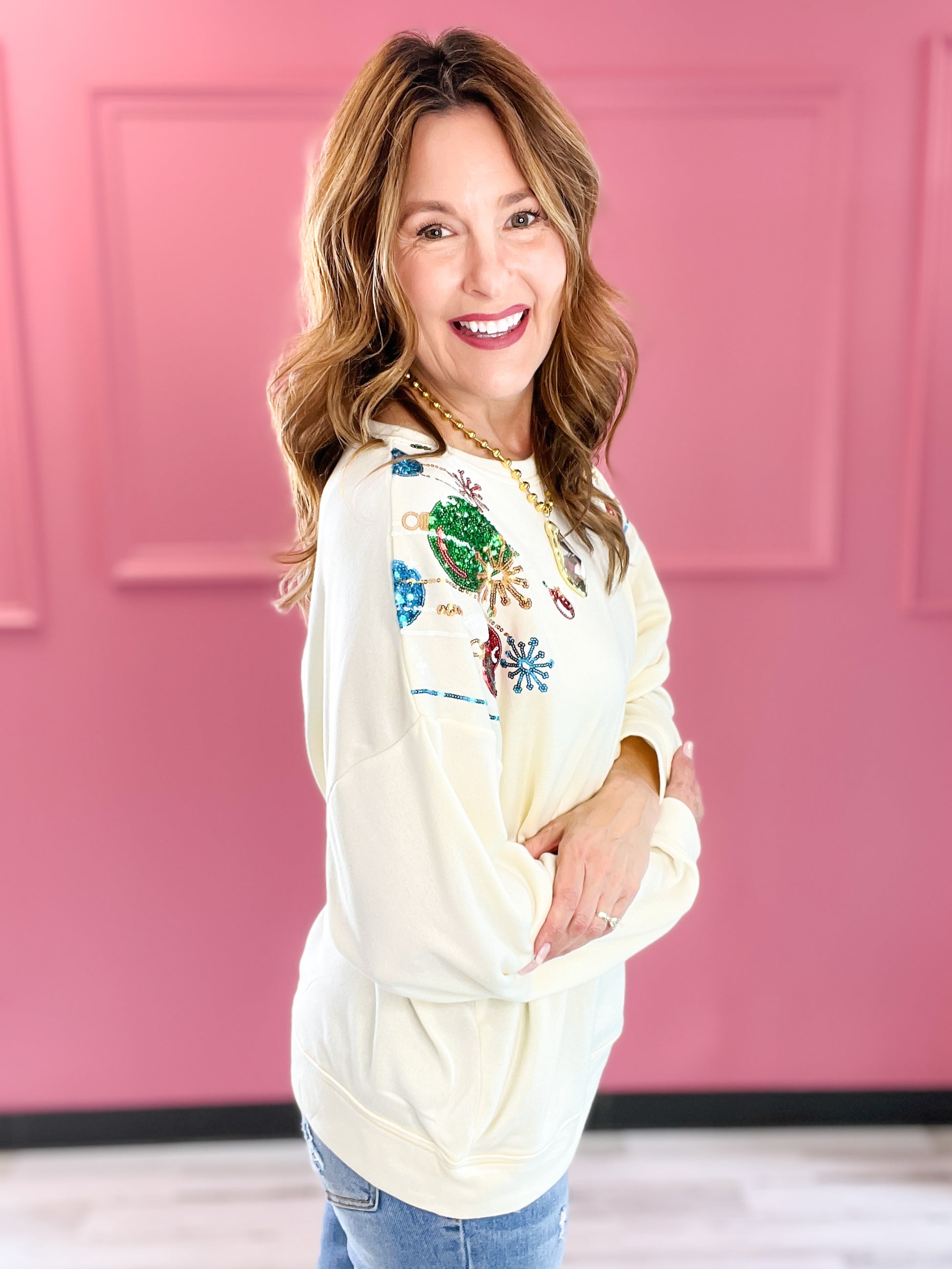 Holiday Sequin Christmas Balls Embroidered Sweatshirt