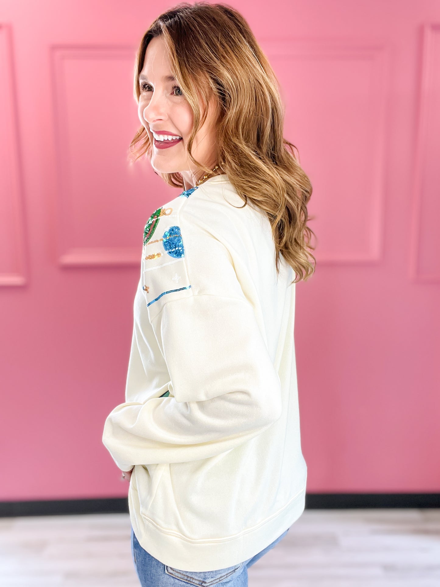 Holiday Sequin Christmas Balls Embroidered Sweatshirt